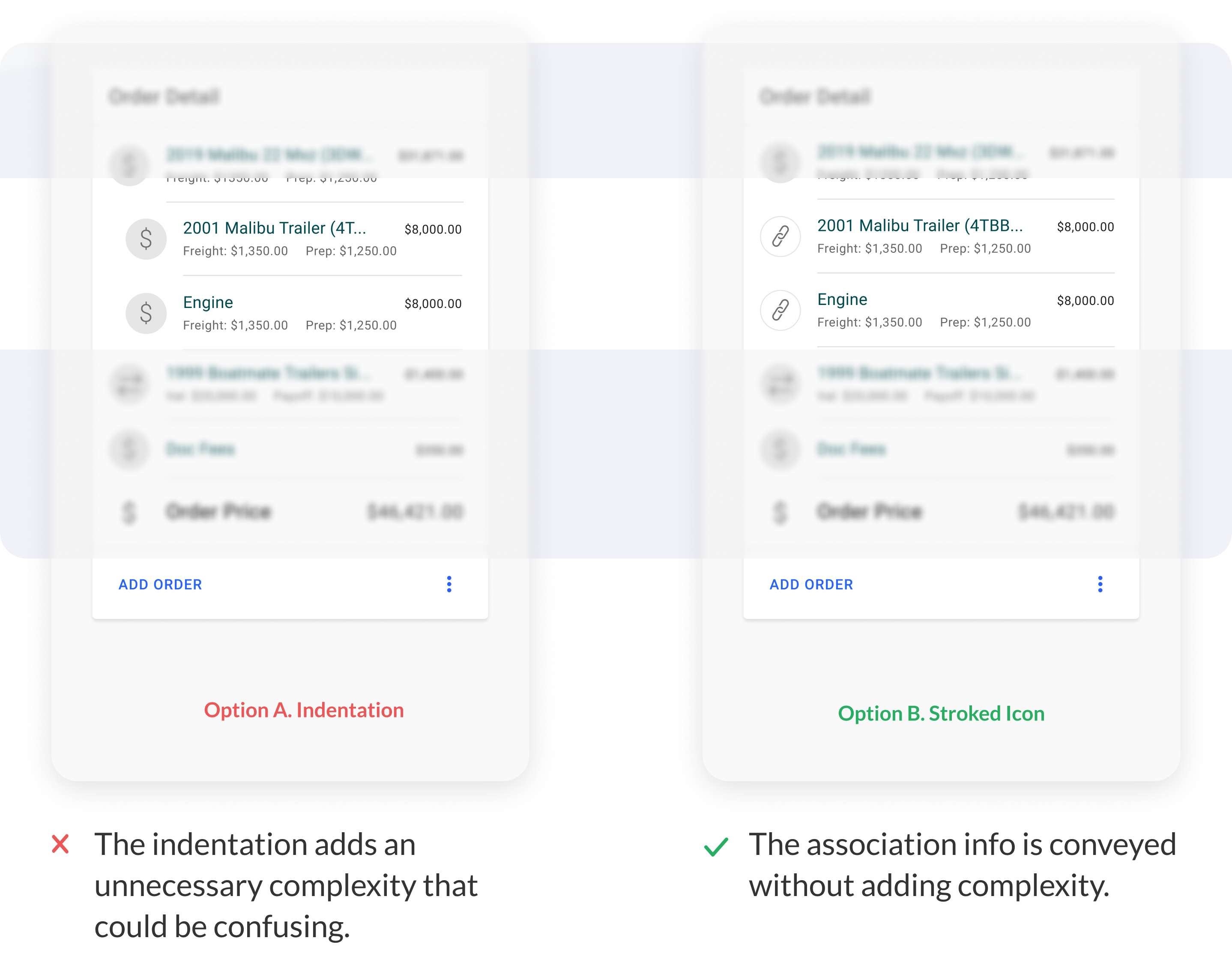 The ideations of 2 options to indicate boat-parts associations